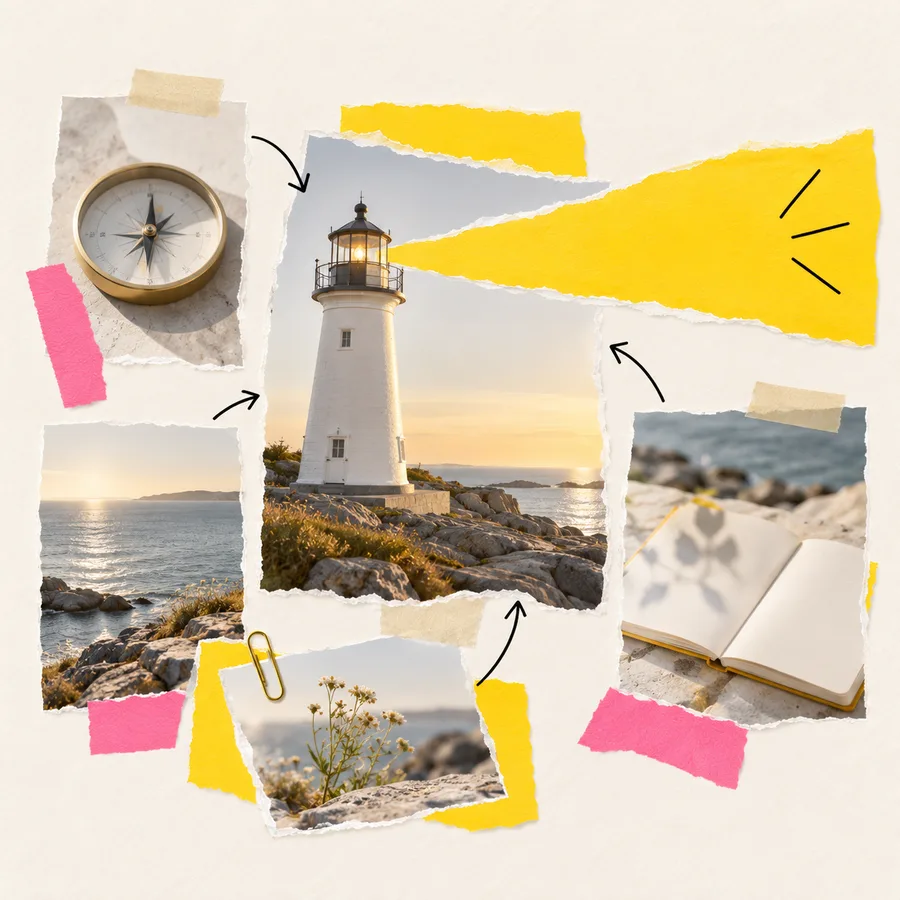 Collage mit Leuchtturm, Kompass und Meer im Abendlicht