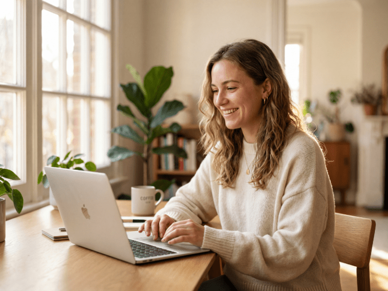Content Creator Workspace mit Laptop und natürlichem Licht, KI Tools für Social Media