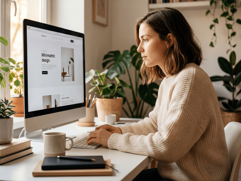 Junge Frau sitzt an einem hellen Schreibtisch vor einem Monitor mit Website-Design, warmes Seitenlicht, gemütliches Home-Office
