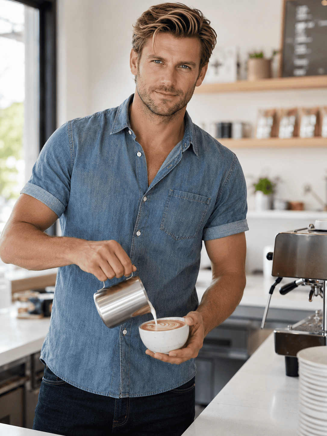 KI-Bild Gastronomie, Barista gießt Latte Art an heller moderner Café-Theke