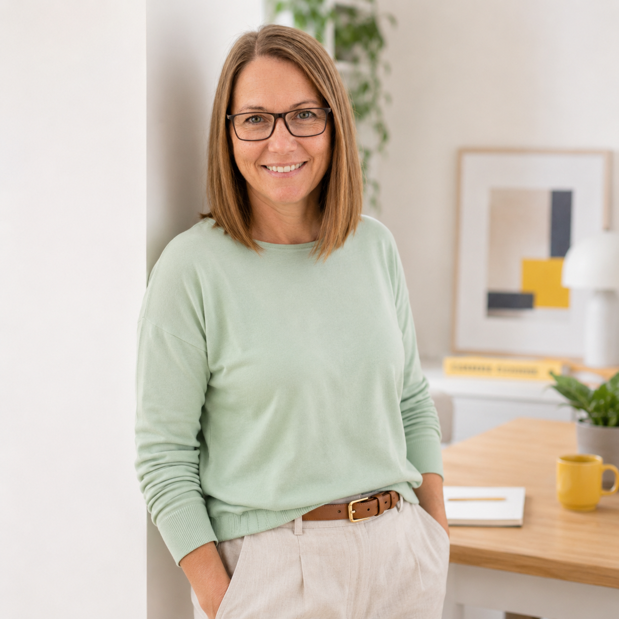 Andi von designbyandi.at lehnt lächelnd in einem hellen Arbeitsraum mit Schreibtisch