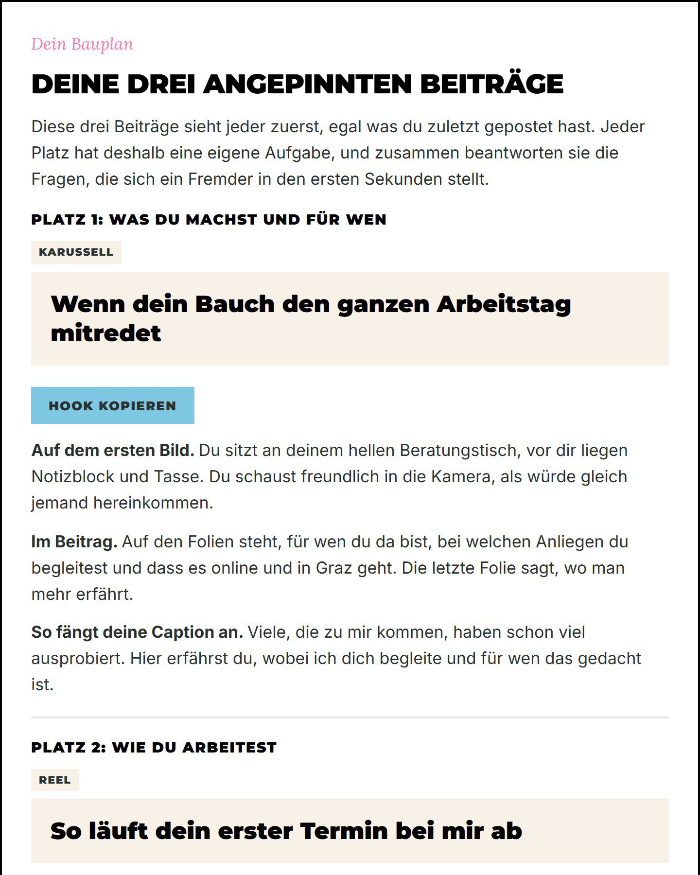 Der Bauplan für einen angepinnten Beitrag mit Hook, Bildidee und Caption-Anfang