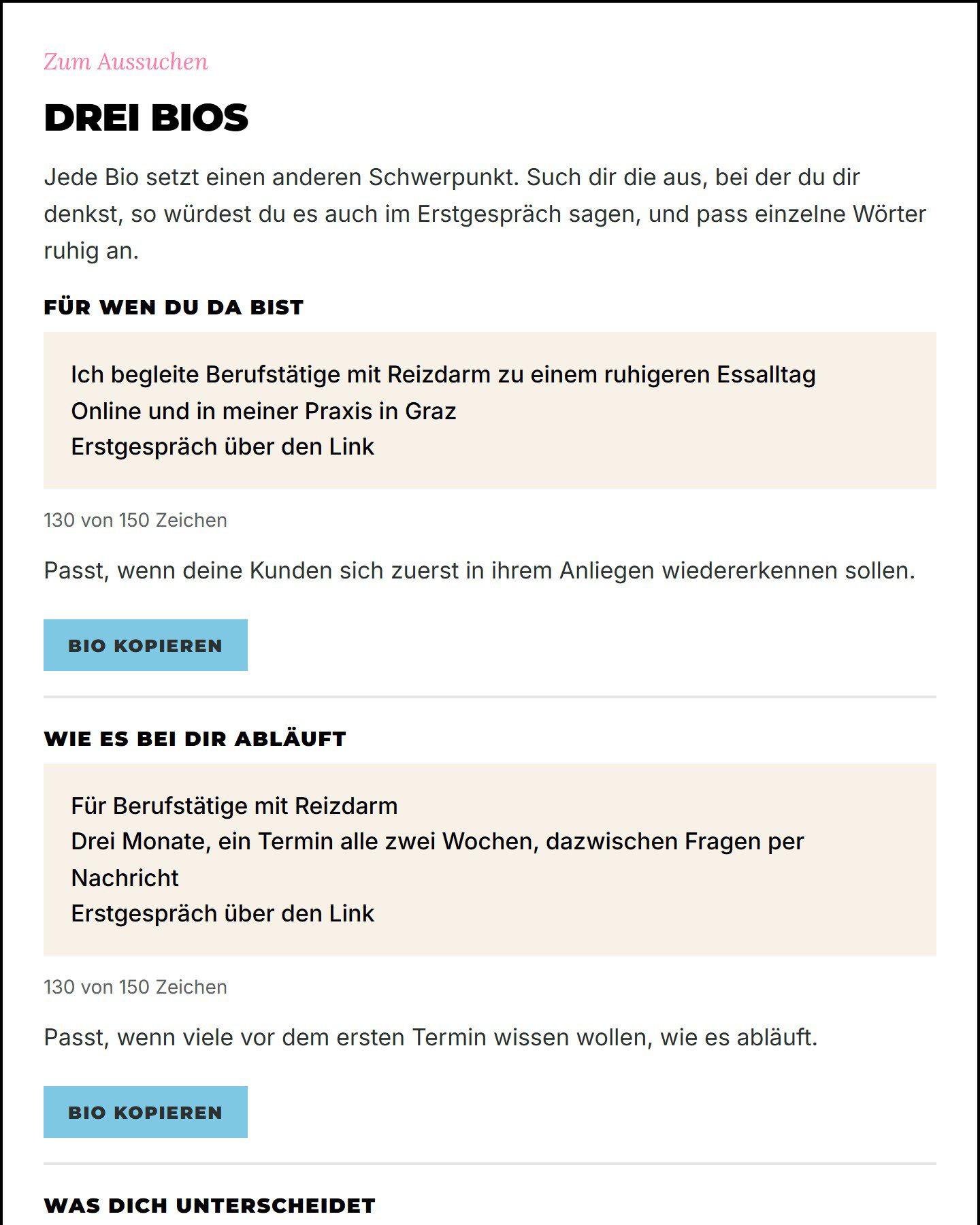 Drei fertige Bios mit Zeichenzähler