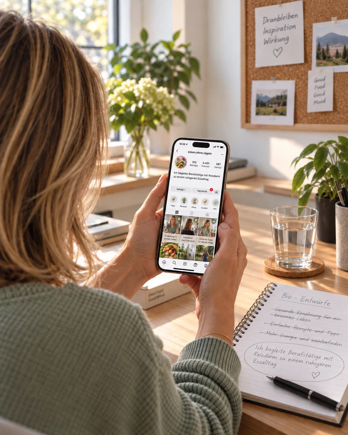 Eine Ernährungscoach hält am Schreibtisch ihr Handy mit ihrem neuen Instagram-Profil, oben drei angepinnte Beiträge mit ihr selbst, daneben ein Block mit Bio-Entwürfen