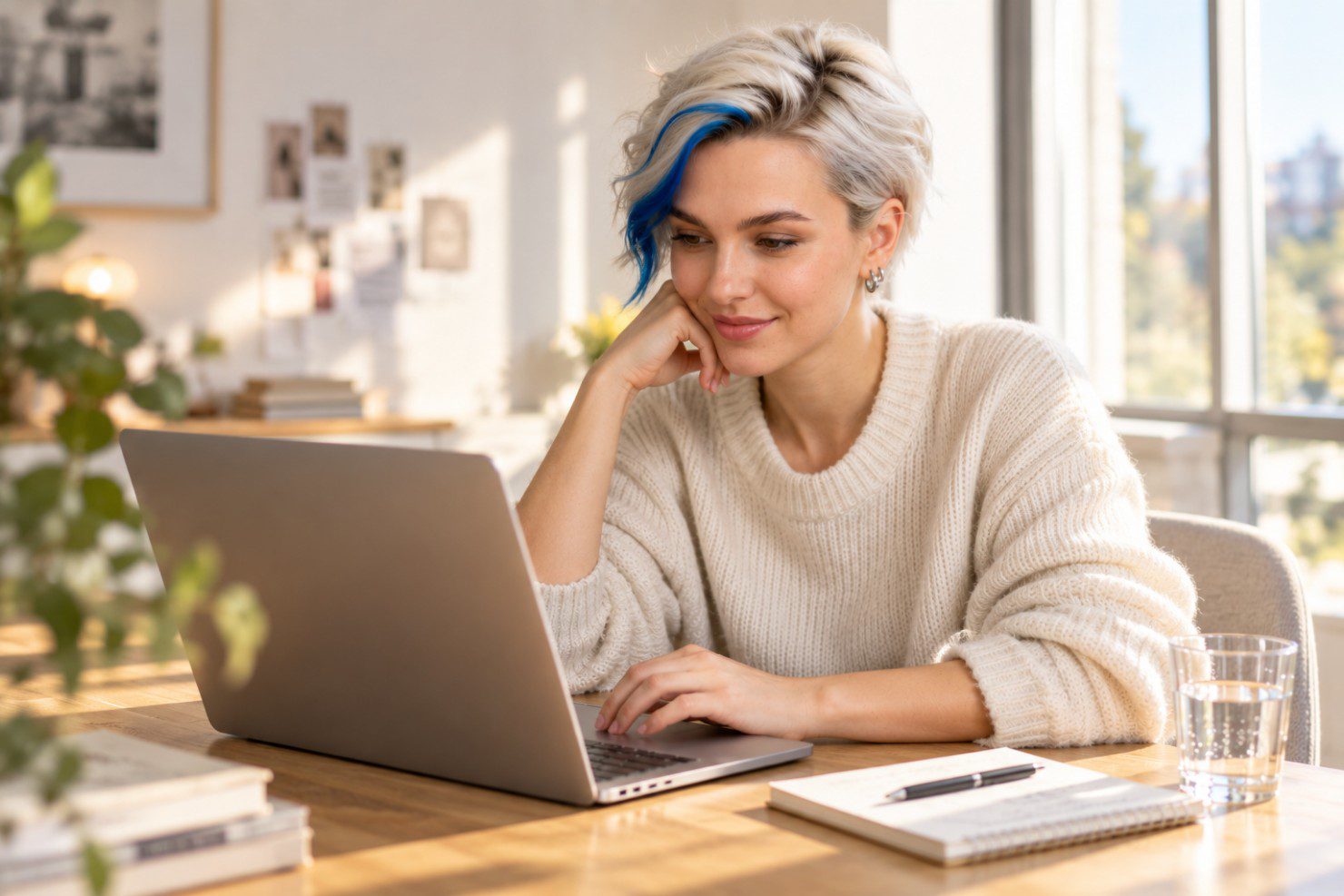 Eine Frau liest am Laptop ihr Ergebnis aus dem Content-Kompass