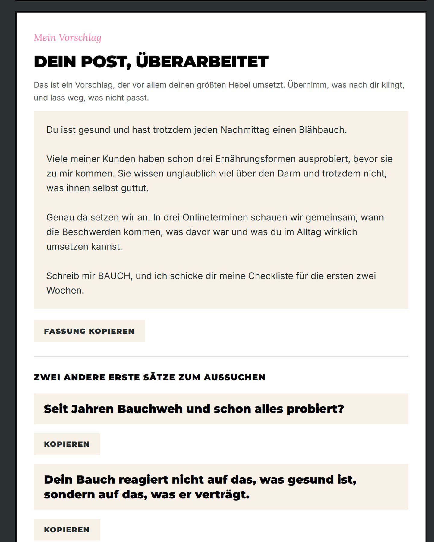 Der überarbeitete Post mit zwei anderen ersten Sätzen zum Aussuchen