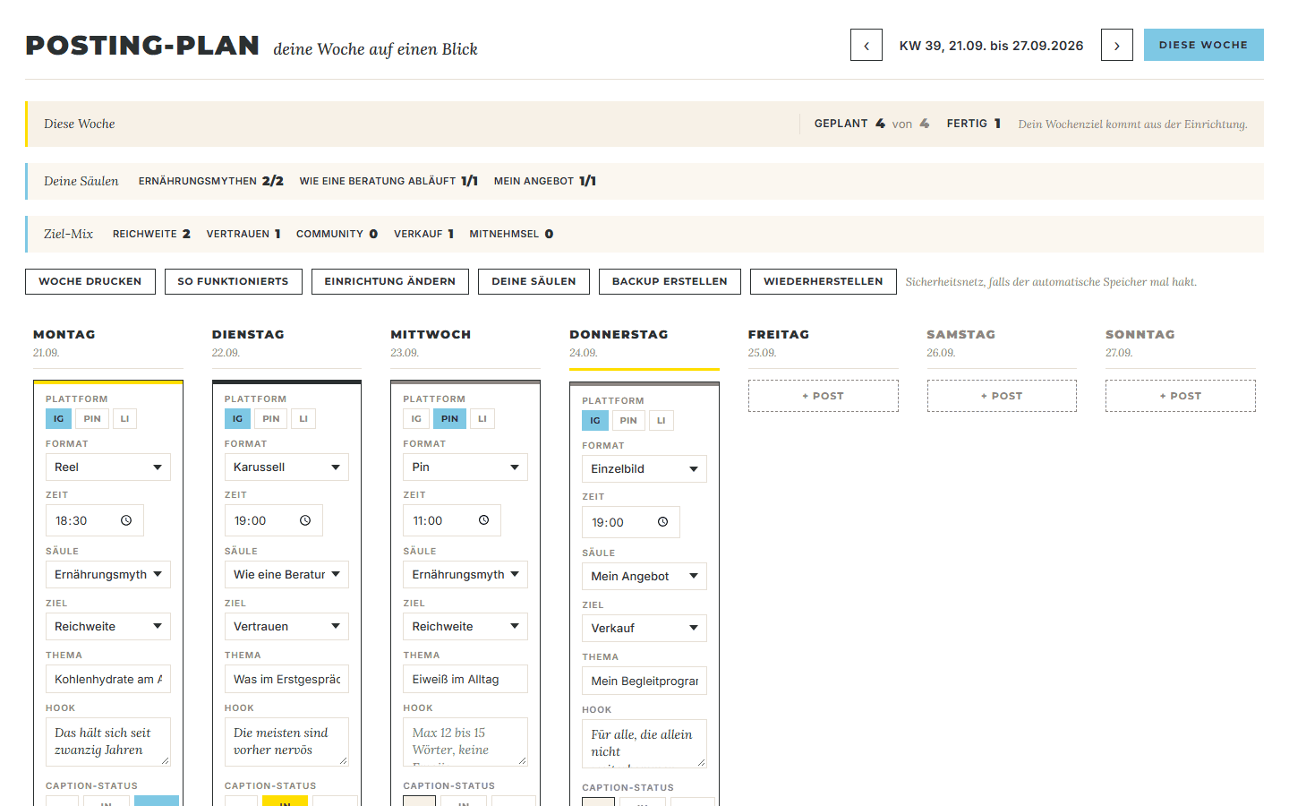 Wochenansicht des Posting-Plans mit Karten für jeden Tag