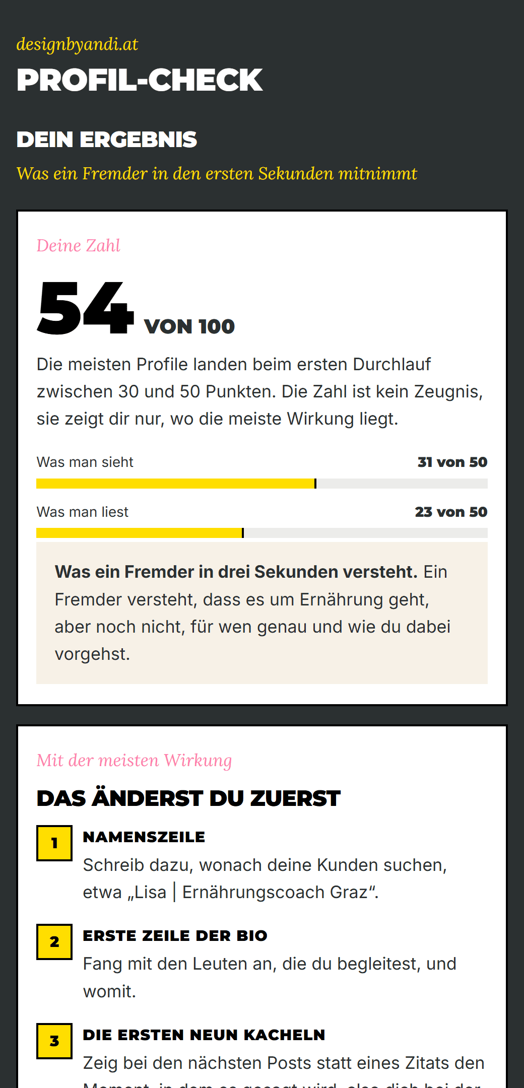 Bildschirmfoto aus dem Profil-Check mit einem Beispiel-Ergebnis von 54 von 100 Punkten und den drei Dingen, die man zuerst ändern kann