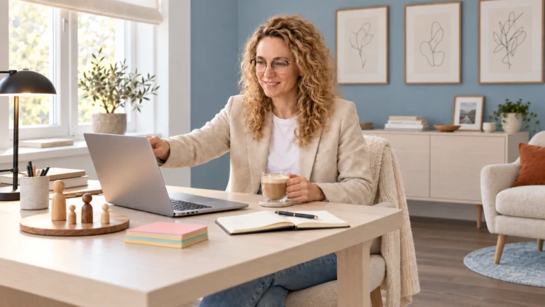 Eine systemische Beraterin richtet an ihrem hellen Schreibtisch den Laptop für einen Onlinetermin ein, daneben stehen Holzfiguren auf einem Brett und ein Glas Milchkaffee.