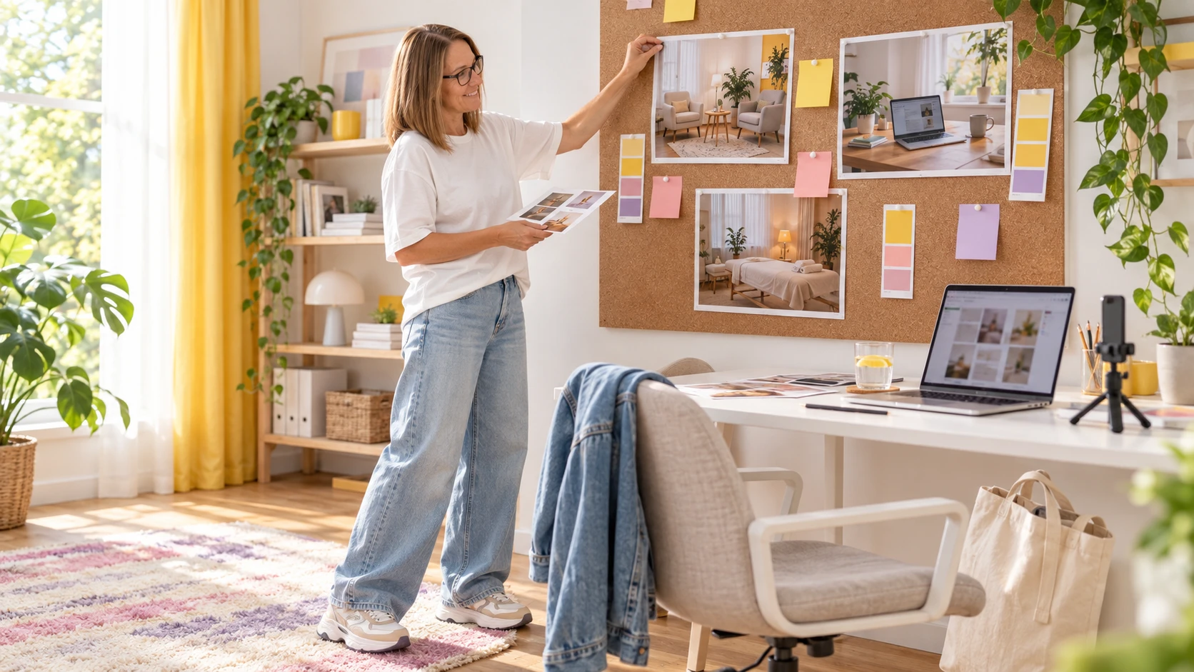 Andi von Design by Andi steht an ihrem Arbeitsplatz vor einer Pinnwand mit Bildern aus Beratungsraum, Onlinetermin und Behandlungsraum.