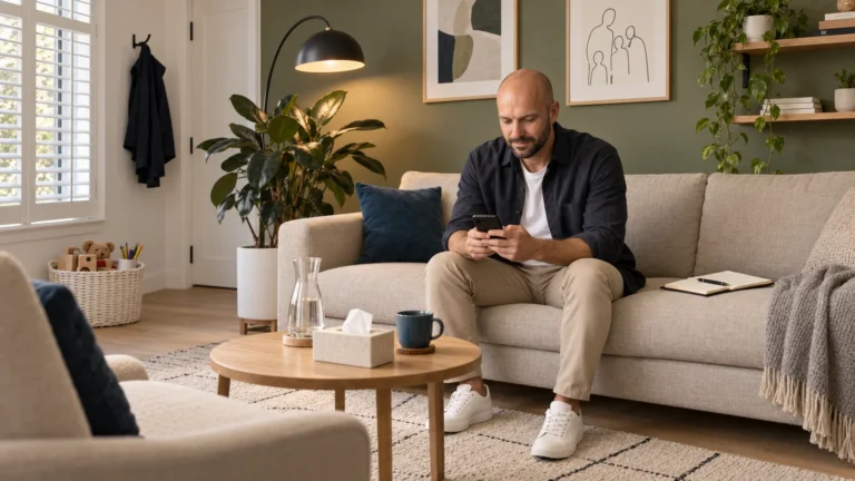 Ein Paar- und Familienberater sitzt in seinem Beratungsraum auf dem Sofa und überarbeitet am Handy sein Instagram-Profil.