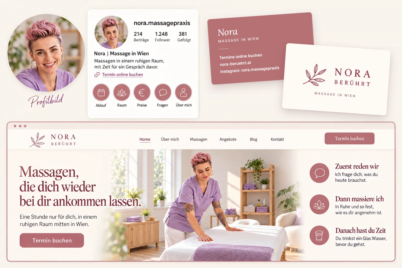 Beispiel für einen stimmigen Auftritt einer Masseurin: Profilbild, Instagram-Profil, Visitenkarte und Website in denselben Farben