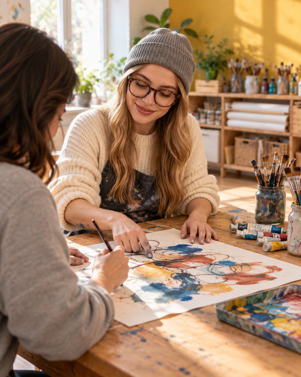 Kunsttherapeutin und Kundin malen gemeinsam an einem großen Blatt mit Aquarellfarben